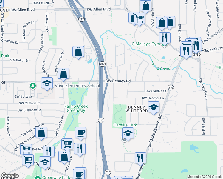 map of restaurants, bars, coffee shops, grocery stores, and more near 7125 Southwest 105th Avenue in Beaverton