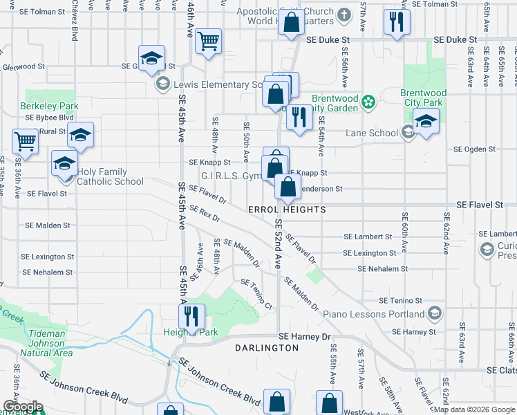 map of restaurants, bars, coffee shops, grocery stores, and more near 7509 Southeast 51st Avenue in Portland