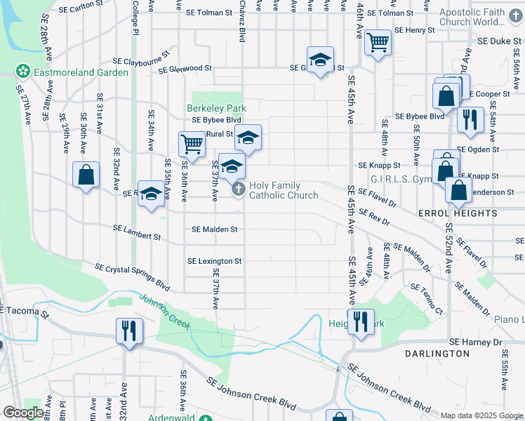 map of restaurants, bars, coffee shops, grocery stores, and more near 3923 Southeast Malden Street in Portland