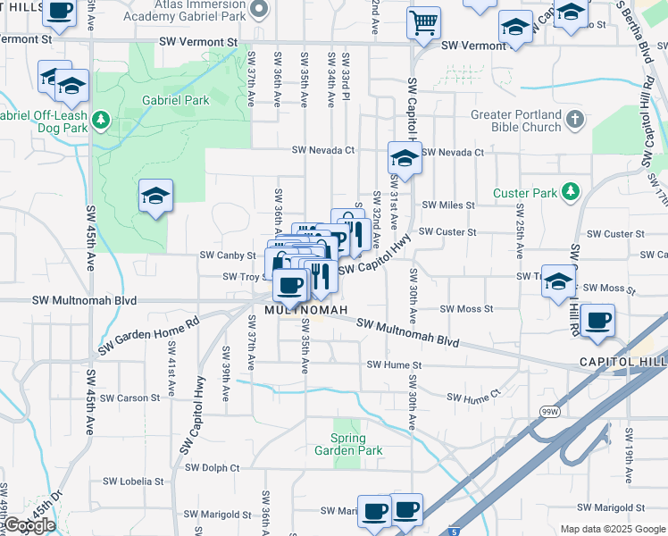 map of restaurants, bars, coffee shops, grocery stores, and more near 7737 Southwest Capitol Highway in Portland
