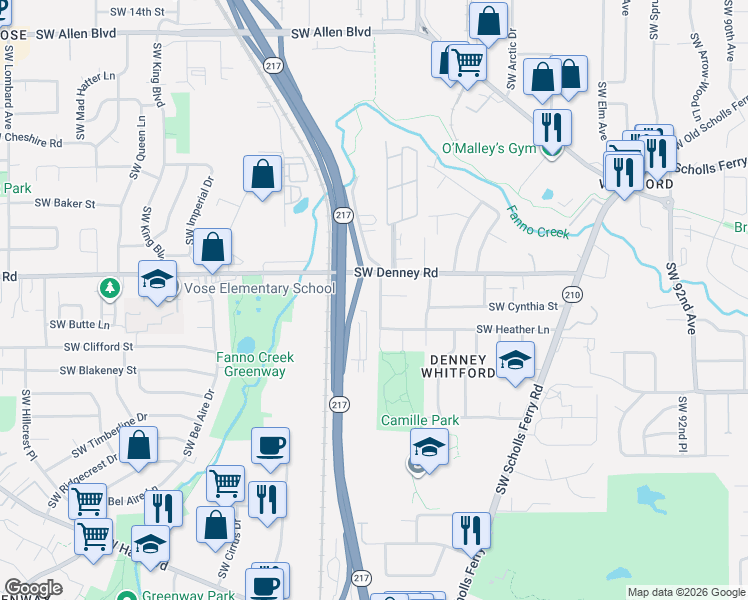 map of restaurants, bars, coffee shops, grocery stores, and more near 7125 Southwest 105th Avenue in Beaverton
