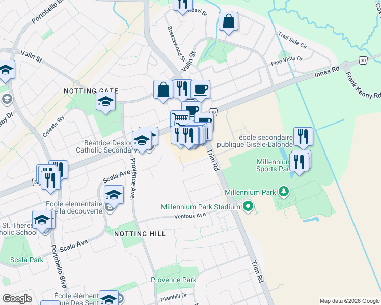 map of restaurants, bars, coffee shops, grocery stores, and more near 2010 Trim Road in Ottawa