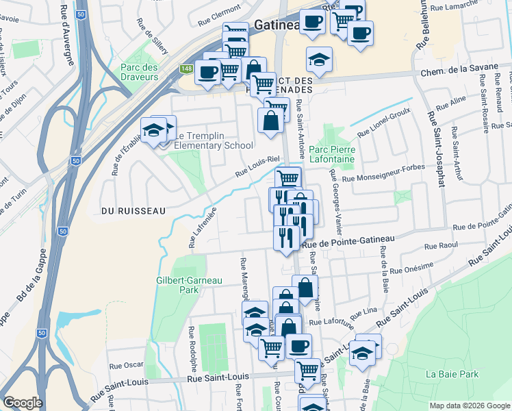 map of restaurants, bars, coffee shops, grocery stores, and more near 14 Rue Miron in Gatineau