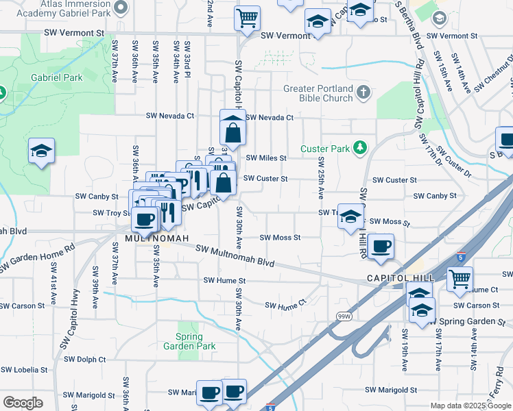 map of restaurants, bars, coffee shops, grocery stores, and more near 2831 Southwest Troy Street in Portland