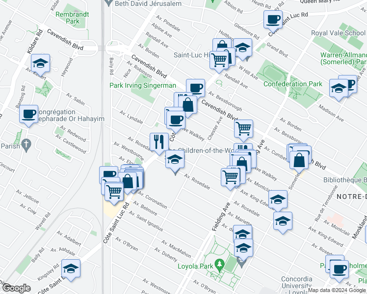 map of restaurants, bars, coffee shops, grocery stores, and more near 5412 Avenue Montclair in Montréal