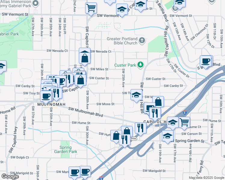 map of restaurants, bars, coffee shops, grocery stores, and more near 2710 Southwest Troy Street in Portland
