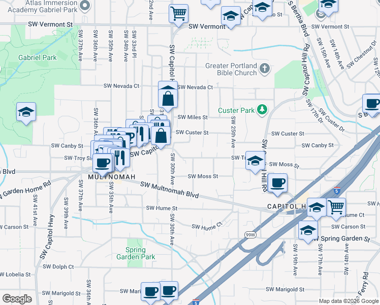 map of restaurants, bars, coffee shops, grocery stores, and more near 7827 Southwest 28th Avenue in Portland
