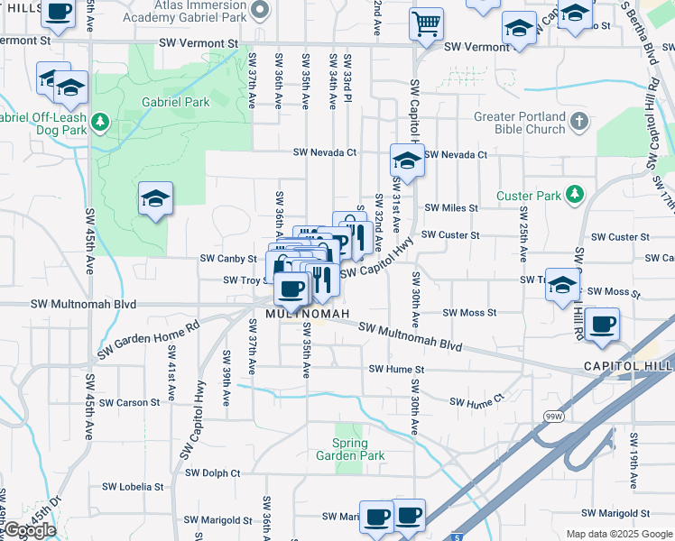 map of restaurants, bars, coffee shops, grocery stores, and more near 7764 Southwest Capitol Highway in Portland