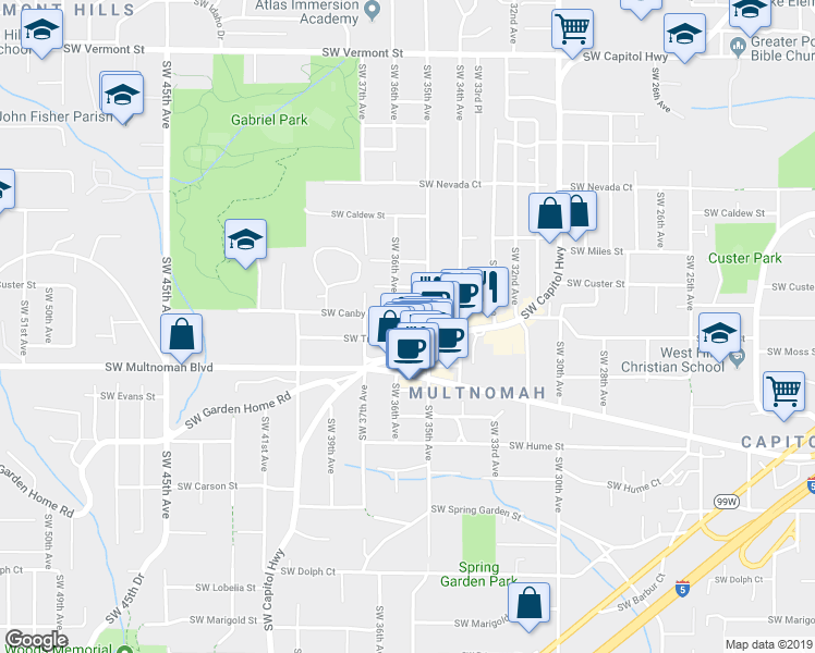 map of restaurants, bars, coffee shops, grocery stores, and more near 3535 Southwest Multnomah Boulevard in Portland
