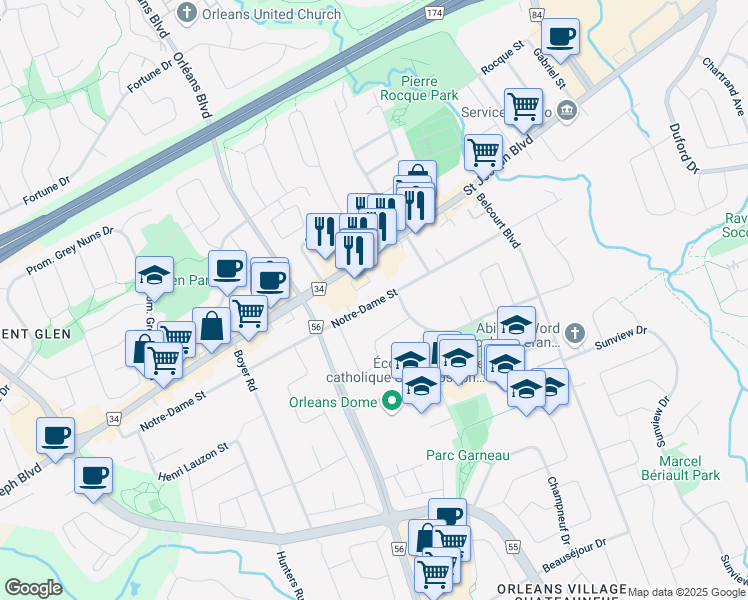 map of restaurants, bars, coffee shops, grocery stores, and more near in Ottawa