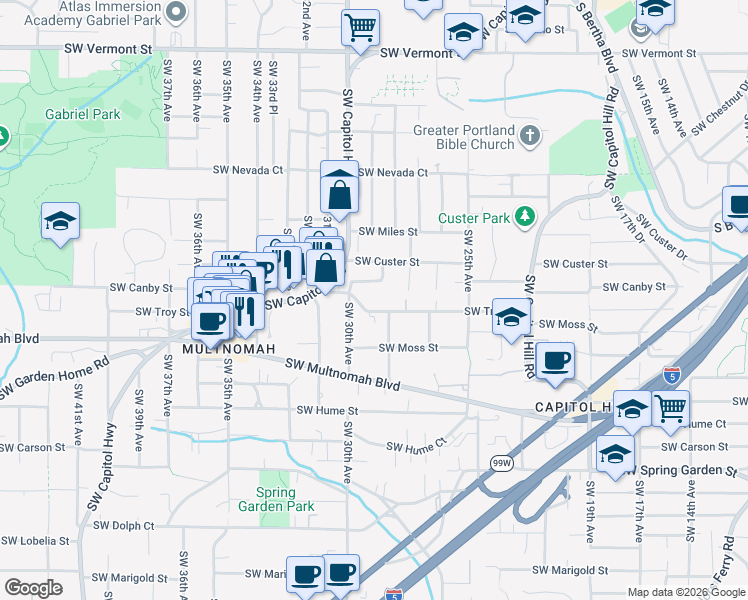 map of restaurants, bars, coffee shops, grocery stores, and more near 2837 Southwest Troy Street in Portland