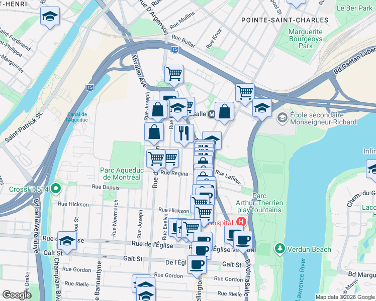 map of restaurants, bars, coffee shops, grocery stores, and more near 344 Rue Strathmore in Montréal