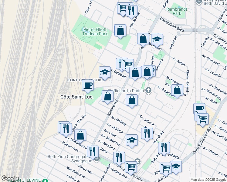 map of restaurants, bars, coffee shops, grocery stores, and more near 7349 Chemin Kildare in Côte Saint-Luc