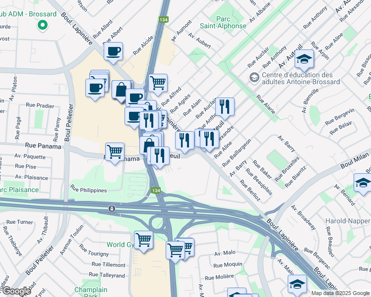 map of restaurants, bars, coffee shops, grocery stores, and more near 6300 Avenue Auteuil in Brossard