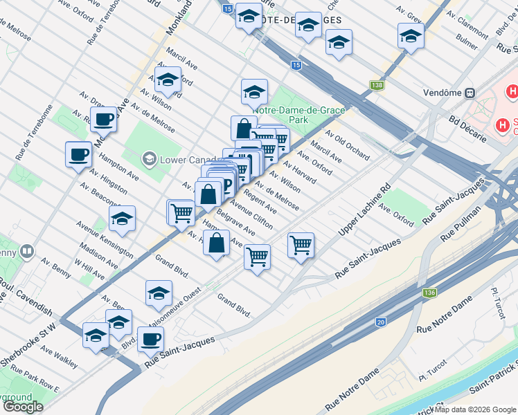 map of restaurants, bars, coffee shops, grocery stores, and more near 2302 Avenue Regent in Montréal