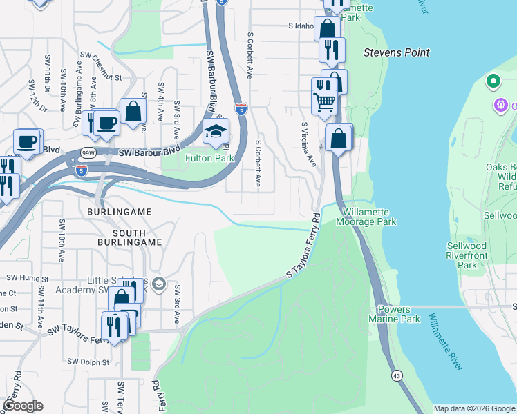 map of restaurants, bars, coffee shops, grocery stores, and more near 14971 Southwest Corbett Avenue in Portland