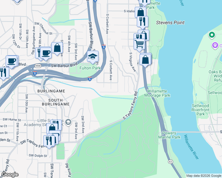 map of restaurants, bars, coffee shops, grocery stores, and more near 11491 Southwest Corbett Avenue in Portland