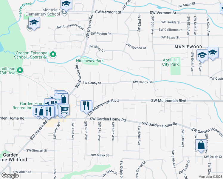 map of restaurants, bars, coffee shops, grocery stores, and more near 7037 Southwest Canby Lane in Portland