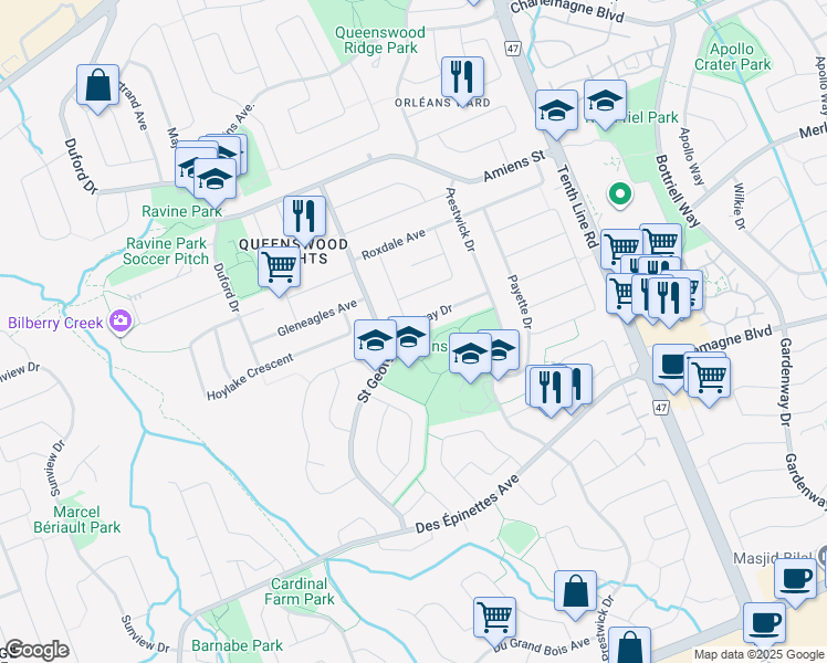 map of restaurants, bars, coffee shops, grocery stores, and more near 324 Galloway Drive in Ottawa