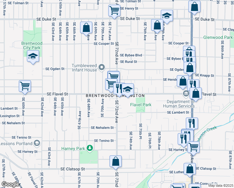 map of restaurants, bars, coffee shops, grocery stores, and more near SE Flavel St & SE 72nd Ave in Portland
