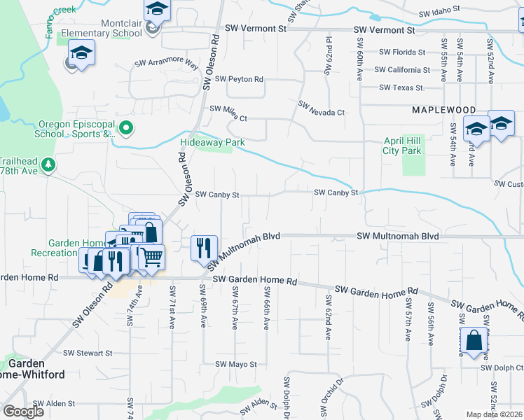 map of restaurants, bars, coffee shops, grocery stores, and more near 7037 Southwest Canby Lane in Portland