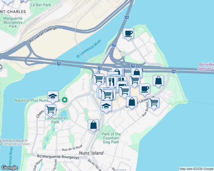 map of restaurants, bars, coffee shops, grocery stores, and more near in Montreal