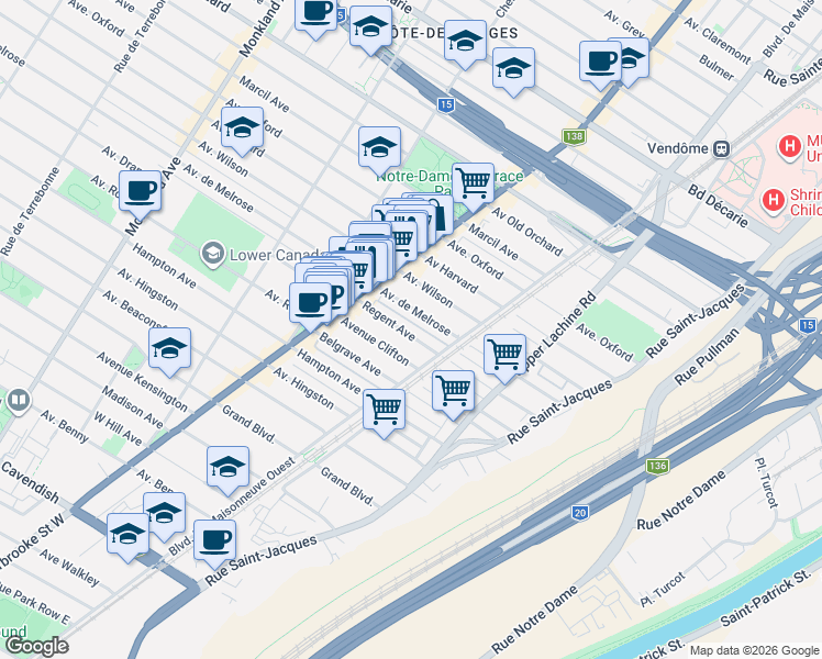 map of restaurants, bars, coffee shops, grocery stores, and more near 2257 Avenue Regent in Montréal
