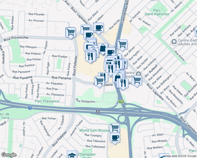 map of restaurants, bars, coffee shops, grocery stores, and more near 1850 Avenue Panama in Brossard