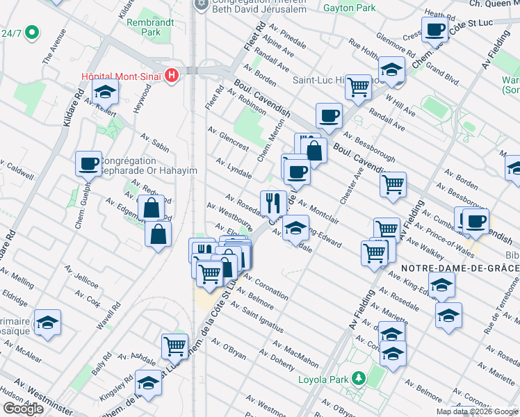 map of restaurants, bars, coffee shops, grocery stores, and more near 5515 Avenue Rosedale in Côte Saint-Luc