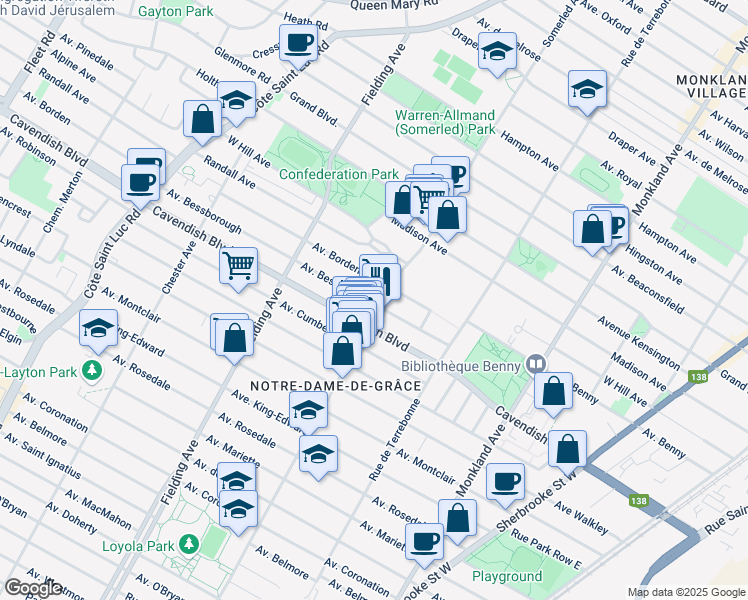 map of restaurants, bars, coffee shops, grocery stores, and more near 4815 Avenue Bessborough in Montréal