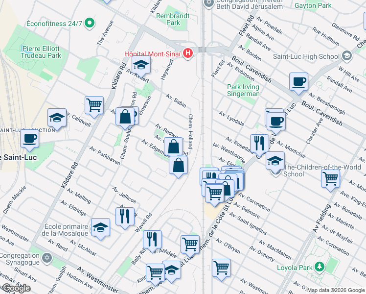 map of restaurants, bars, coffee shops, grocery stores, and more near 5599 Avenue Castlewood in Côte Saint-Luc
