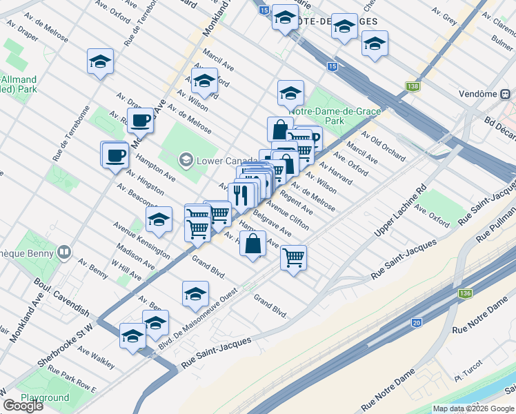 map of restaurants, bars, coffee shops, grocery stores, and more near 5926 Rue Sherbrooke Ouest in Montréal