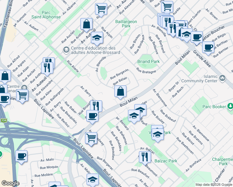 map of restaurants, bars, coffee shops, grocery stores, and more near 6300 Avenue Bienville in Brossard