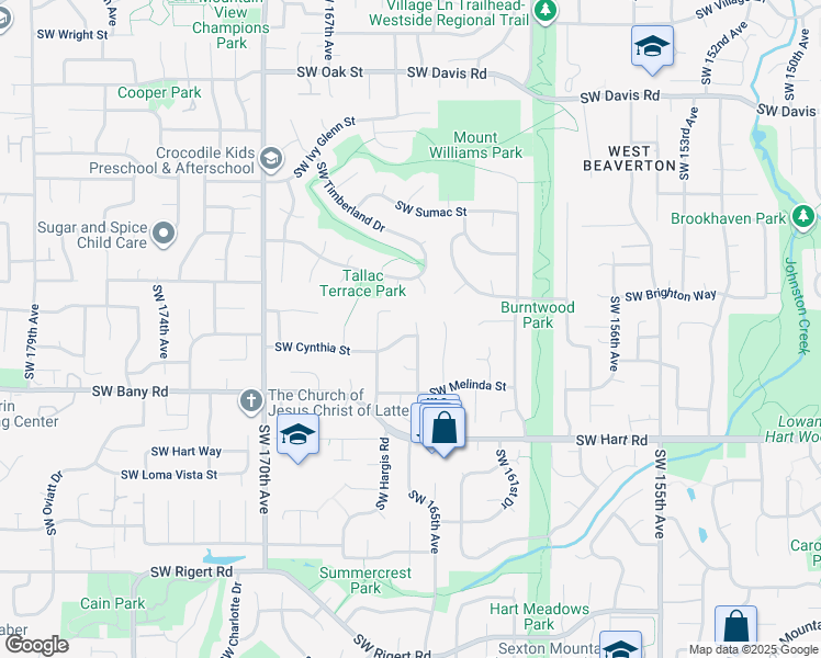 map of restaurants, bars, coffee shops, grocery stores, and more near 16455 Southwest Cynthia Street in Beaverton
