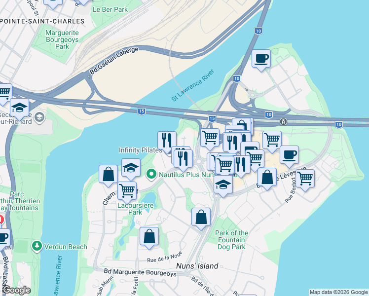 map of restaurants, bars, coffee shops, grocery stores, and more near 210 Chemin du Golf in Montréal