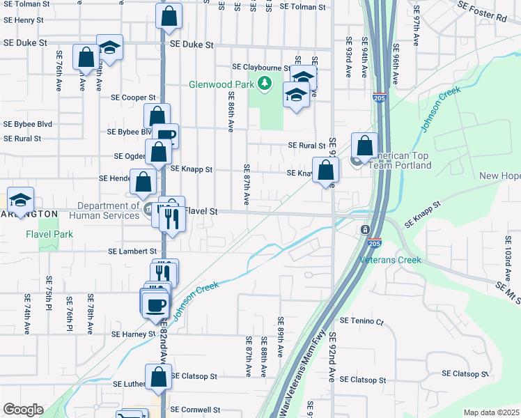 map of restaurants, bars, coffee shops, grocery stores, and more near 8824-8828 Southeast Flavel Court in Portland