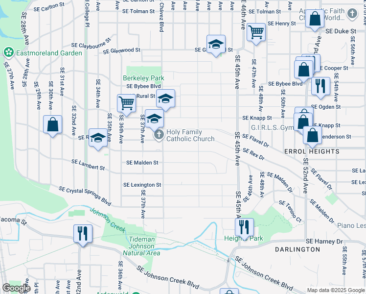 map of restaurants, bars, coffee shops, grocery stores, and more near 4119 Southeast Malden Street in Portland