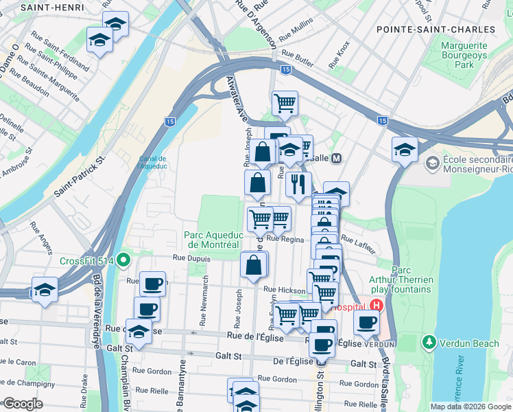 map of restaurants, bars, coffee shops, grocery stores, and more near 3501 Rue de Verdun in Montréal
