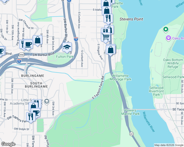 map of restaurants, bars, coffee shops, grocery stores, and more near 7705 South Fulton Park Place in Portland