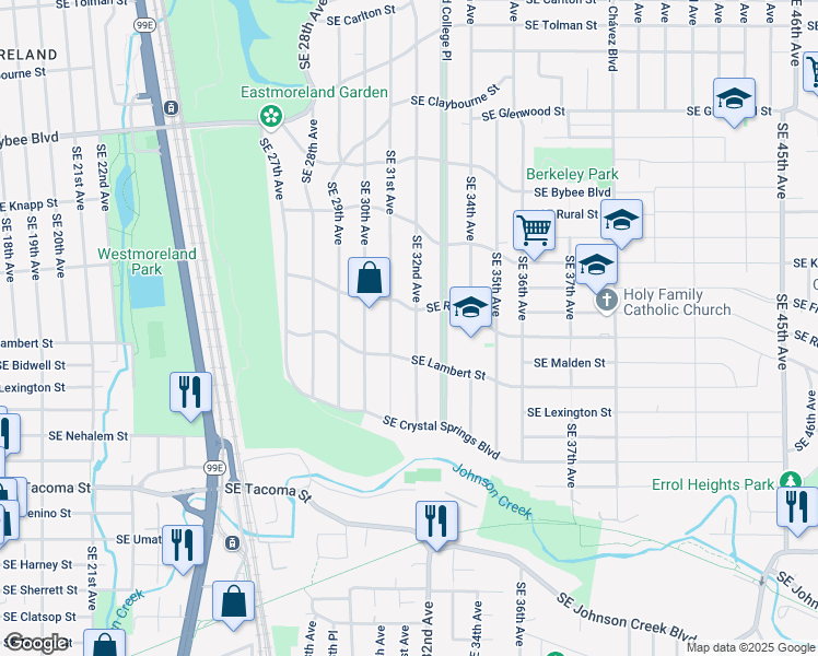 map of restaurants, bars, coffee shops, grocery stores, and more near 7627 Southeast 32nd Avenue in Portland