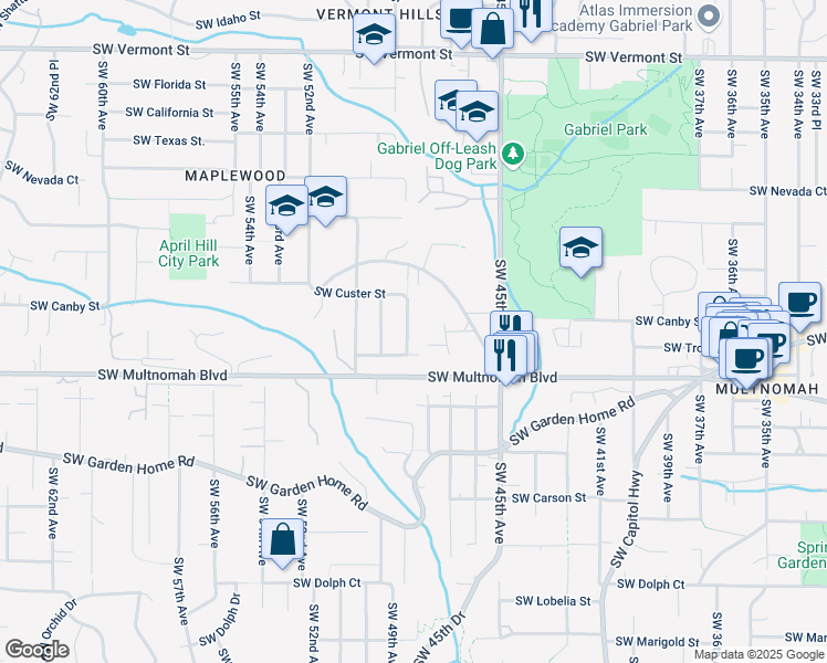map of restaurants, bars, coffee shops, grocery stores, and more near 7728 Southwest 49th Avenue in Portland