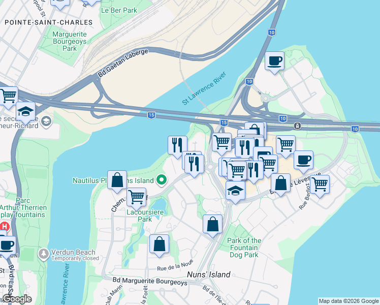 map of restaurants, bars, coffee shops, grocery stores, and more near 230 Chemin du Golf in Montréal