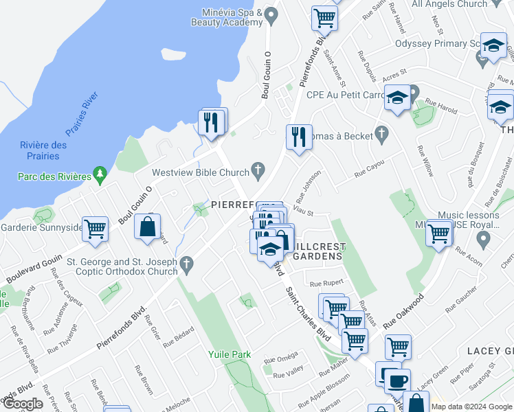 map of restaurants, bars, coffee shops, grocery stores, and more near 4935 Saint-Charles Boulevard in Montreal