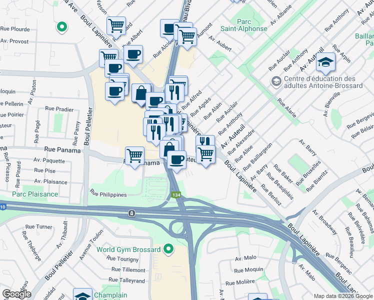 map of restaurants, bars, coffee shops, grocery stores, and more near 6855 Boulevard Taschereau in Brossard