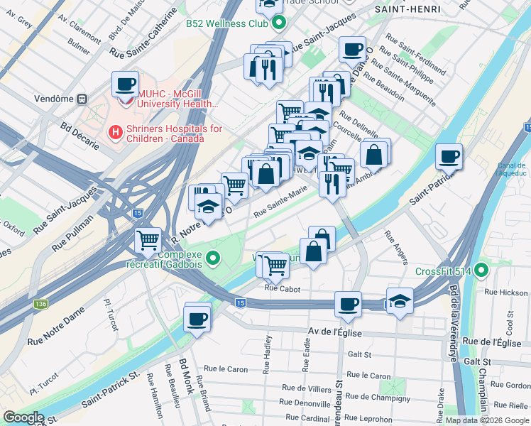 map of restaurants, bars, coffee shops, grocery stores, and more near 5184 Rue Sainte Marie in Montréal