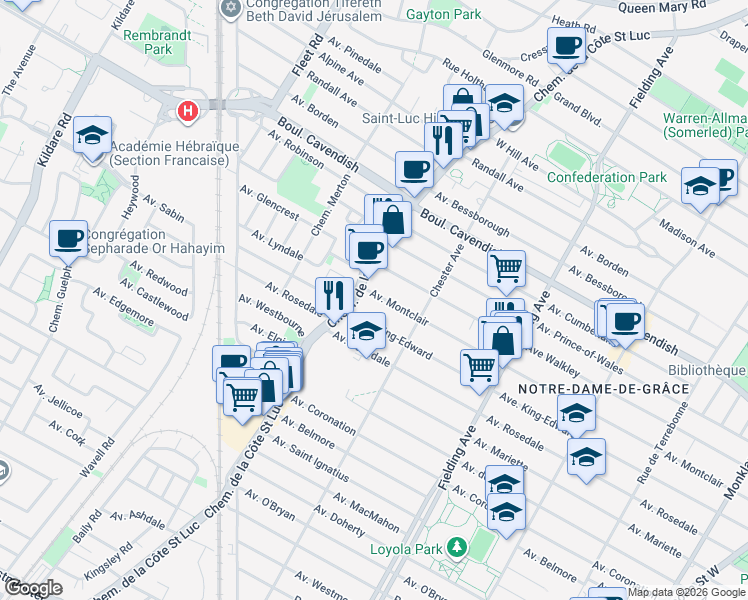 map of restaurants, bars, coffee shops, grocery stores, and more near 5432 Avenue Montclair in Montréal