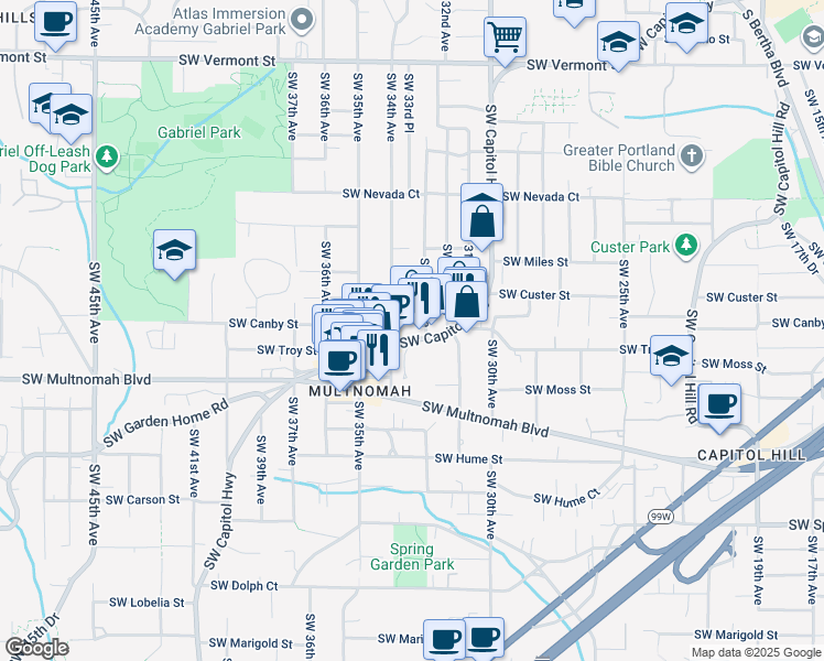 map of restaurants, bars, coffee shops, grocery stores, and more near 7711 Southwest Capitol Highway in Portland