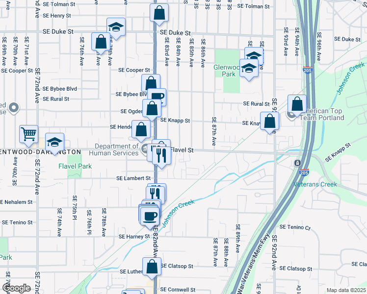 map of restaurants, bars, coffee shops, grocery stores, and more near 7405 Southeast 84th Avenue in Portland