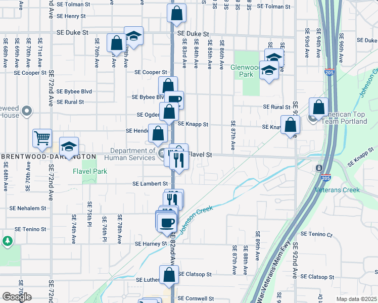 map of restaurants, bars, coffee shops, grocery stores, and more near 7405 Southeast 84th Avenue in Portland