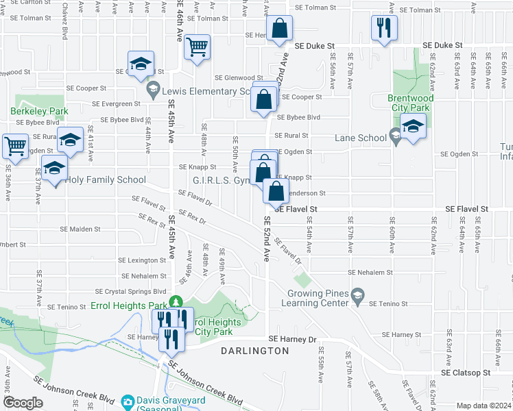 map of restaurants, bars, coffee shops, grocery stores, and more near 7419 Southeast 52nd Avenue in Portland